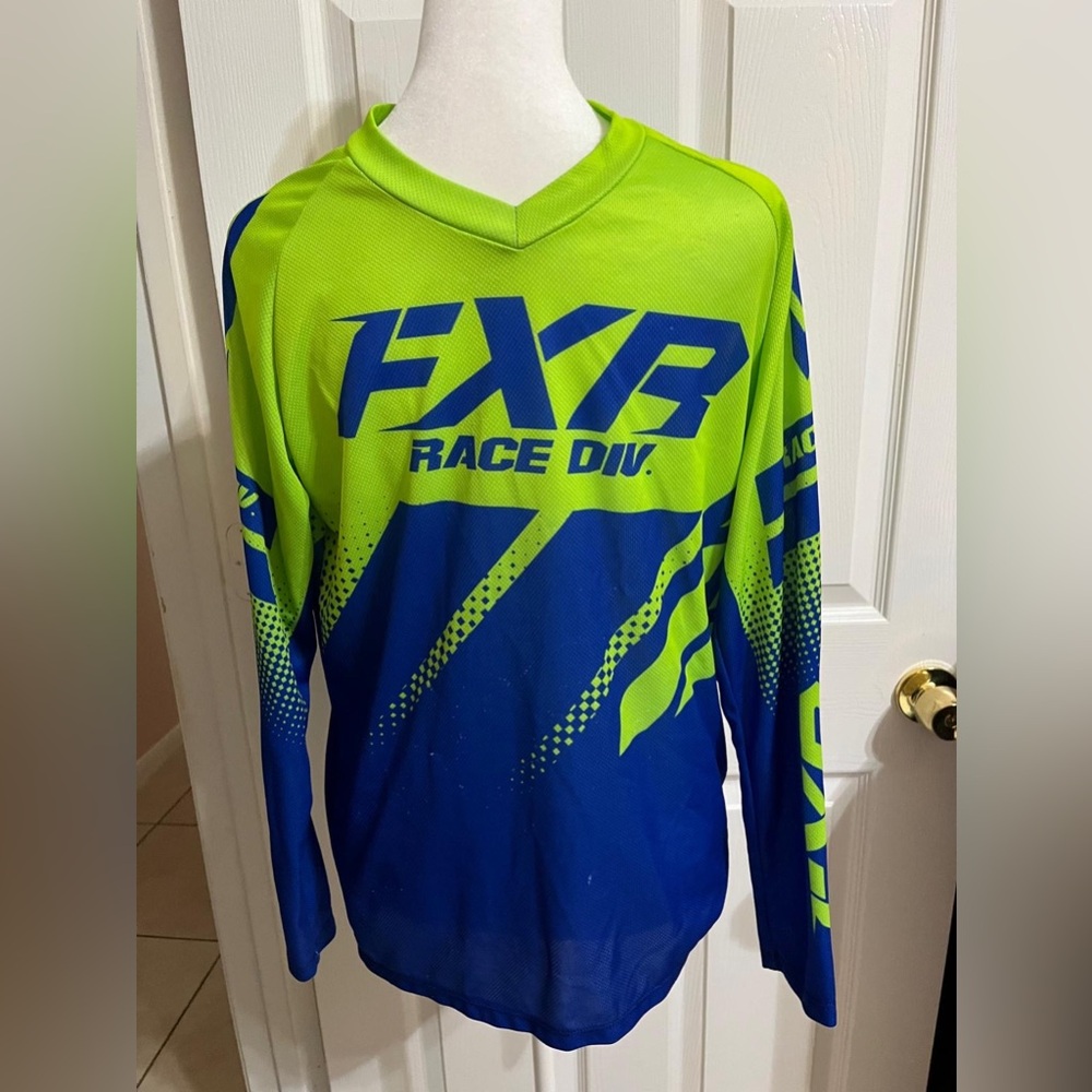 (2) Blue and green FXR Race DIV long sleeve shirt